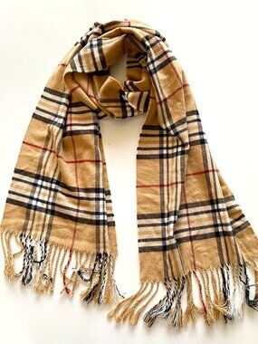Vintage Italy Design Cashmere Blend Scarf Unisex Tan & Black 66"x12"